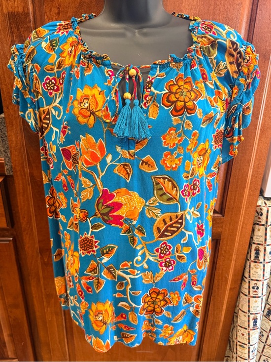 Rose & Olive Tops - Rose & Olive Teal Floral Tassel Peasant Tunic